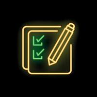 Neon icon of pencil checking off boxes on clipboard for task management and completion vector