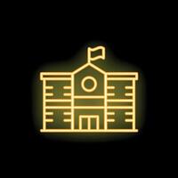 Neon school building icon with flag on dark background vector