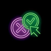 Neon green tick icon and cursor clicking on it with cross sign in circle on black background vector