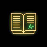 Open book with a plus mark neon sign on black background vector
