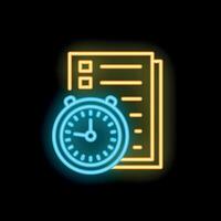 Neon stopwatch overlapping documents symbolizing time management vector