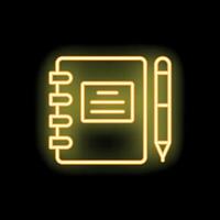 Yellow neon sign of a notepad and pen on a black background vector