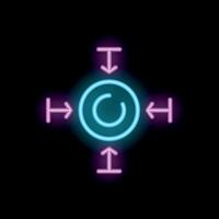 Neon sign showing four arrows pointing to the center of a circle on a black background vector