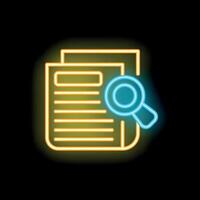 Neon icon of magnifying glass searching document representing due diligence vector