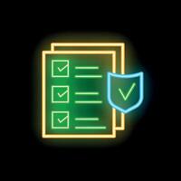 Neon shield protecting checklist icon symbolizing security and safety vector