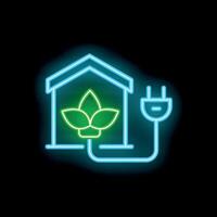 Neon icon of house with leaves showing green energy source vector