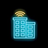 Neon icon of smart building sending wifi signal vector