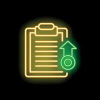 Neon sign showing clipboard with upload symbol on black background vector