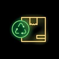 Neon sign showing cardboard box with recycle symbol on black background vector