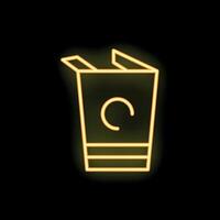 Yellow neon sign showing open cardboard food box container on black background vector