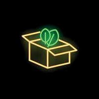 Neon sign of open cardboard box with leaves growing from it vector