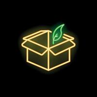 Neon sign of open cardboard box with leaf growing inside symbolizing eco friendly product packaging vector