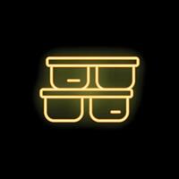 Yellow neon icon of food containers stacked on shelf vector