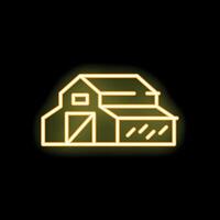 Yellow neon sign representing a farm building, glowing on a black background vector