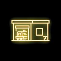 Neon yellow warehouse building with open gate and small forklift inside on black background illustration vector