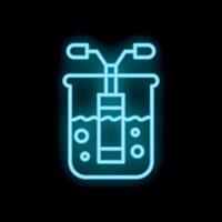Neon blue icon of a science experiment with a beaker, boiling water, and a thermometer vector