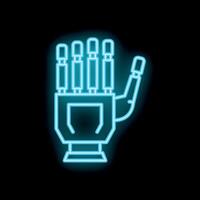 Neon blue bionic hand showing open palm gesture on black background vector