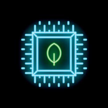 Green leaf inside cpu microchip neon sign illustrating green computing concept vector