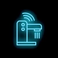 Blue neon icon of a smart coffee machine sending a wifi signal vector