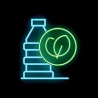 Glowing neon sign of a big bottle of water with a green leaf symbol, representing the concept of eco friendly beverages vector