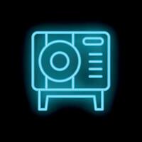 Neon icon of a vintage radio receiver on short legs broadcasting in dark vector
