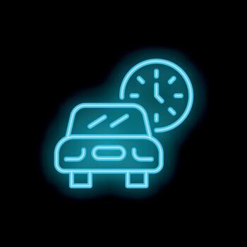Neon icon of car and clock representing time management vector
