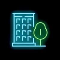 Neon green eco city icon with building and tree glowing vector