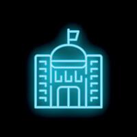 Neon blue government building icon with flag on dark background vector