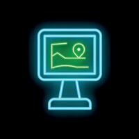 Glowing neon line monitor showing map icon isolated on black background illustration vector