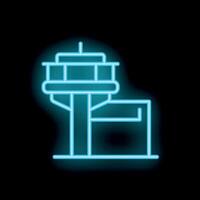 Neon icon of airport control tower with antenna glowing on dark background vector