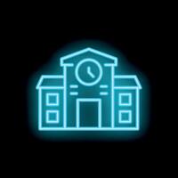Neon icon of a school building with a clock tower displaying time vector