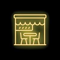 Yellow neon sign of a street food stall with table and chairs on black background vector