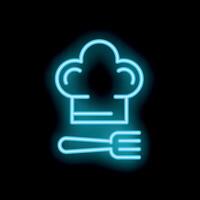 Neon chef hat and fork glowing on black background vector