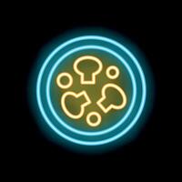 Glowing neon sign depicting pizza with mushrooms in circle on black background vector