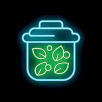Glowing neon line icon of an organic trash can with leaves inside, isolated on black background, concept of recycling and ecology vector
