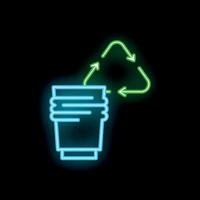 Neon recycle symbol turning into a reusable coffee cup on black background vector