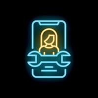 Neon icon of wrench repairing smartphone with woman user interface on screen vector