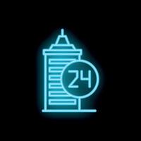 Neon sign of skyscraper with 24 hours service glowing on black background vector