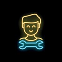 Smiling mechanic holding a wrench neon sign on black background vector
