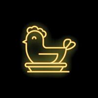 Neon yellow hen sitting on nest glowing on black background vector