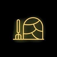 Yellow neon sign of traditional haystack and pitchfork on black background vector