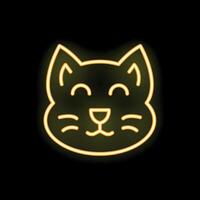 Yellow neon cat face icon glowing on black background vector