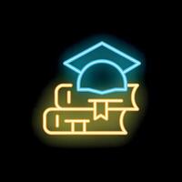 Neon icon of graduation hat resting on stack of books symbolizing education vector