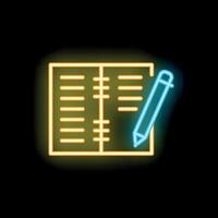 Neon notebook and pen icon glowing on black background vector