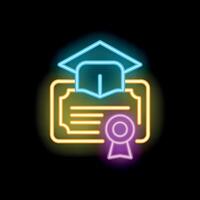 Neon icon of graduation cap resting on diploma with ribbon representing education and achievement vector