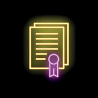 Neon icon of documents with a warranty seal representing business agreement vector