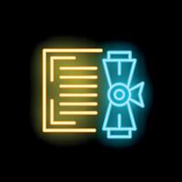 Neon icon of diploma scroll with stamp and ribbon shining on black background vector