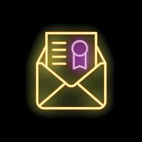 Neon envelope containing certified document icon glowing on black background vector