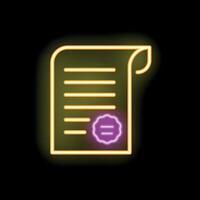 Neon icon of official document with stamp representing agreement vector