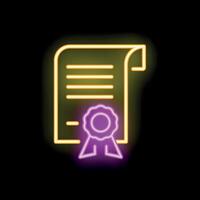 Neon sign of official document with stamp and ribbon glowing on black background vector